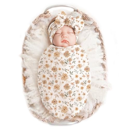 Image of Konssy Baby Girl Newborn Receiving Blanket with Headband Set Baby Swaddle Nursery Swaddle Wrap