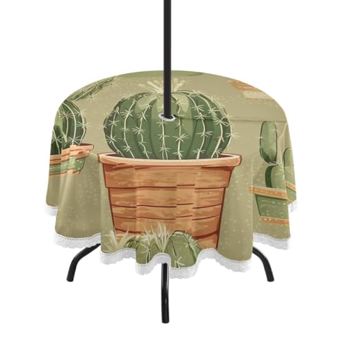 Wajiw 60 Inch Indoor Outdoor Round Tablecloth with Umbrella Hole and Zipper Waterproof Patio Table Cover for Camping Dining Room Party Outdoor Picnic,Cactus