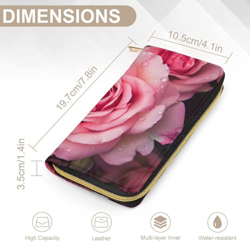 Pink Rose Print Long Wallet for Women Men PU Leather Card Holder Organizer with Zipper Coin Pocket & Cash Slots2