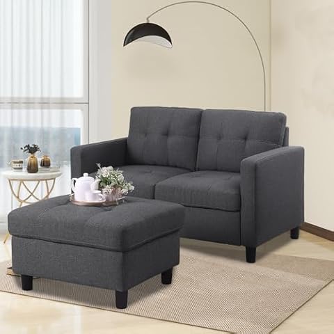 poplarbox Loveseat with Ottoman, 53" Small Loveseat for Small Spaces, Modern Modular Loveseat Sofa Small Sectional Couch with Chaise for Bedroom, Apartment (Grey) Cover