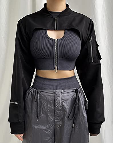 Lucrosun Women's Cutout Cropped Bomber Jacket Long Sleeve Shrug Tops Streetwear4