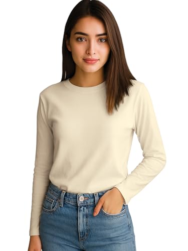 Image of JUNEBERRY Pure Cotton Round Neck Regular Fit Core Fashion Solid Full Sleeve T-Shirt for Women & Girls (Colors: Black, Cork, Green, Navy, Swanwhite & White)