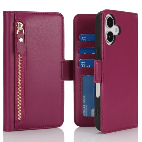 Coque pour iPhone 16 Havaya étui portefeuille à rabat en cuir PU rouge foncé avec porte-cartes
