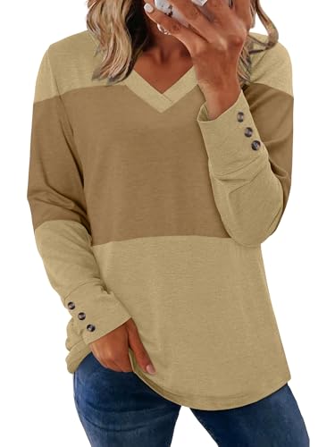 KISSMODA Long Sleeve Shirts for Women Color Block Tops Tunic Light Weight Sweaters Fall Fashion 2025 V Neck Blouse3