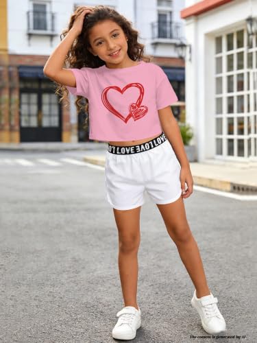 Image of Betusline Girls Summer 2 Piece Outfits,Kids Short Sleeve Crop Top & Shorts Set with Side Pockets