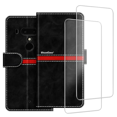 ESACMOT Funda compatible con HTC U12 Plus + [2 unidades] protector de pantalla de vidrio, funda protectora magnética de cuero premium para HTC Exodus 1 (6 pulgadas), color negro