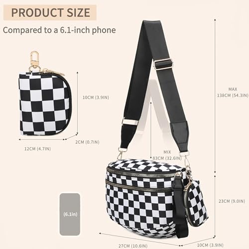 Image of Checkered Crossbody Bum Bags for Women, Nylon Sling Bags with Shoulder Strap, Large Capacity Checkered Purse Bag