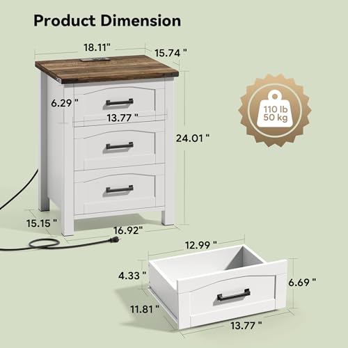 Decofy Farmhouse Nightstand Set of 2 with Charging Station, 18\'\' Wide Rustic End Table with USB/Type-C Ports, 3 Drawers, Wood Bedside Table for Bedroom, White