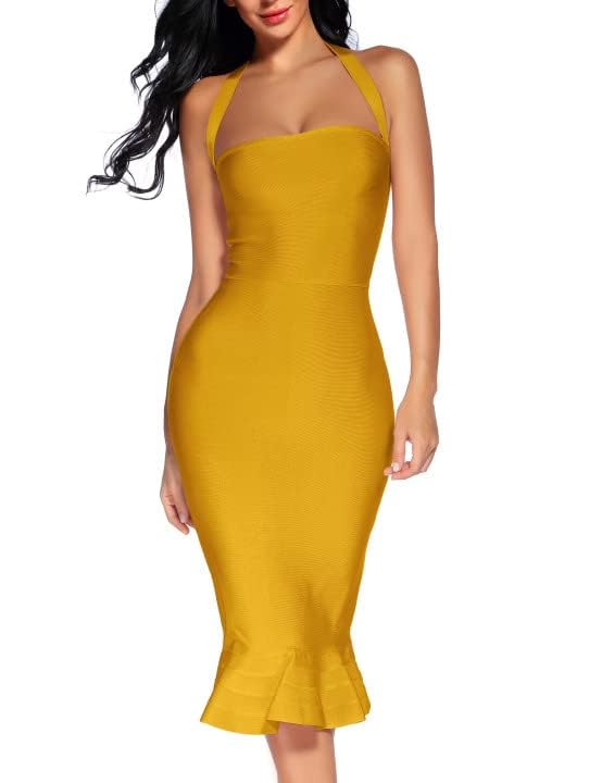 houstil women's v neck halter fishtail bandage bodycon dress party Semi-Sheer Lace Bodycon Maxi Dress