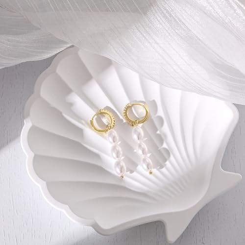 MBW Gold Pearl Dangle Earrings for Women Trendy, Dainty 14K Gold Plated Hoop Earrings Cute Pearl Drop Simple Cubic Zirconia Hoops Hypoallergenic Waterproof Gold Jewelry Gifts for Women