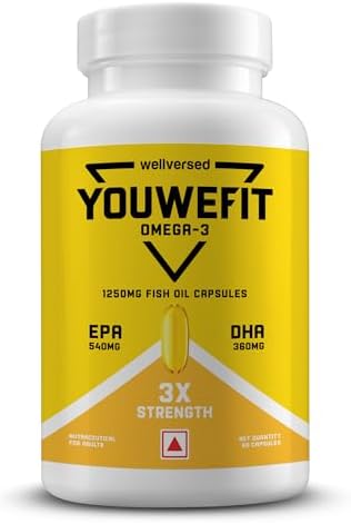 YouWeFit Triple Strength Omega 3 Fish Oil Capsules - 60 Soft Gels With 540mg EPA & 360mg DHA To Support Heart & Joint Health | Omega 3 Supplement 1250mg