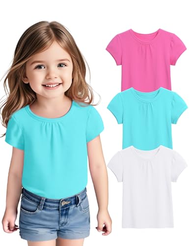 ZUEMET 3 Pack Toddler Girls Short Sleeve Shirts Pleated Neck Cotton T-Shirts Baby Girl Summer Tee Tops Size 3T Green+White+Peach Pink