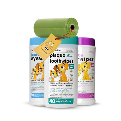 Donny & Dev Kit de higiene para mascotas: toallitas para mascotas Petkin para perros y gatos, esenciales para limpieza de ojos, oídos y dientes, con bolsas verdes para excrementos para gatos y paseos