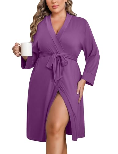 Image of Ekouaer Women Plus Size Robe Knee Length Lightweight Bathrobe Short Kimono Robes with Pockets Maternity Robe