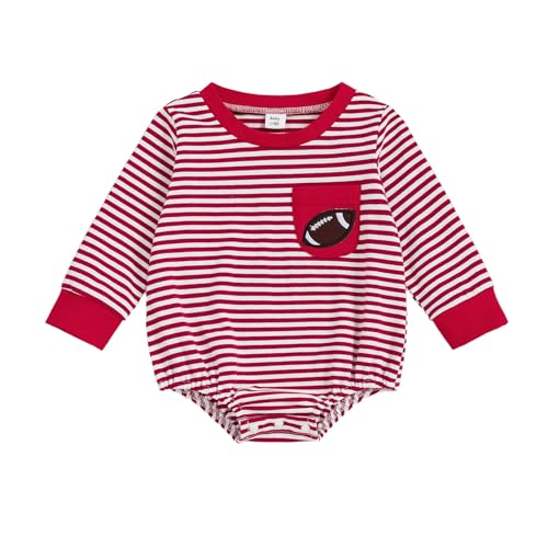 Image of Tibenmoun Baby Boy Fall Clothes Football Baby Clothes Smocked One Piece Bubble Romper Long Sleeve Cute Baby Boy Outfits (FOOTBALL Red, 3-6 Months)