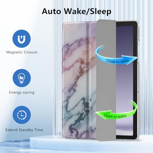 Image of MoKo Trifold Case for Galaxy Tab A9 Plus /A9+ 11 Inch 2023, Purple Marble | Slim Stand Hard PC Translucent Back Shell Smart Cover, Auto Sleep /Wake, Light, Anti-scratch, 2 Adjustable Angle