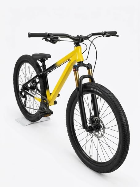 Image of Custom Build Yellow and Black MTB Stunt Cycle 14' Down Frame. Alloy Locking-Out Suspension Fork 1 /7 Speed Gear and Alloy 780mm Long Handle