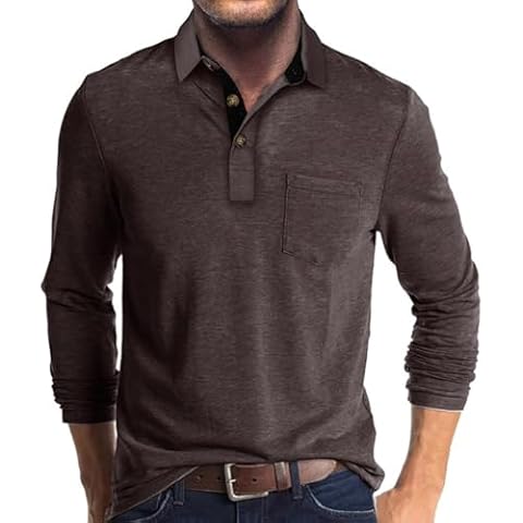 Men's Long Sleeve Polo Shirts Casual Button Classic Work Shirt Cotton Collared Basic Golf Shirt with Pocket Coffee Cover