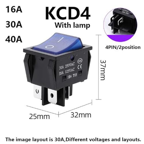 Interruptor basculante 40A 250V CA de 2 posiciones y 4 pines KCD4 ON/OFF pack de 5 unidades azules 2