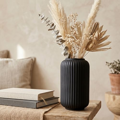 Image of PUREZENTO Black Ribbed Texture Ceramic Vase - 6 Inch | Vases for Centerpiece Home Decor, Living Room & Bedroom | Vase for Pampas Grass, Dried & Artificial Flowers