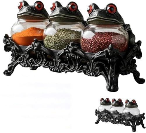 Bivpreom 3 Pcs Frog Jars With Base For Spice & Apothecary,Handcrafted Vintage Glass Jars With Red-Eyed Frog Lids For Food StorageHome DecorFun Display