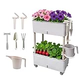 Zweistöckiges Hochbeet mit Rollen Kunststoff - Mobiles Hochbeet mit Autobewässerung 46.6x25.5x70.5cm für Garten & Balkon – Inkl. Gießkanne & Werkzeug-Set