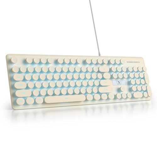 surmen Cute Quiet Keyboard Wired Retro Typewriter, Full Size Soft Keyboards with Number Pad, Round Keys, Backlit USB for Office, Desktop, Laptop (Beige) by surmen - Used condition - US$19.49