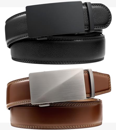 Image of Founders & C Mens Belt 2 Pack,Leather Ratchet Click Belt Dress with Slide Buckle 1 3 /8 inch in Gift Set Box- Size Adjustable
