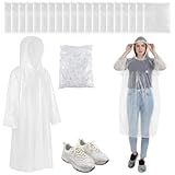 20pcs Adult Rain Ponchos & 100pcs Shoe Covers Emergency Disposable Rain Ponchos with Drawstring Hood Family Pack Unisex Waterproof Raincoat for Adults School Trips Outdoor Events Camping Hiking Travel