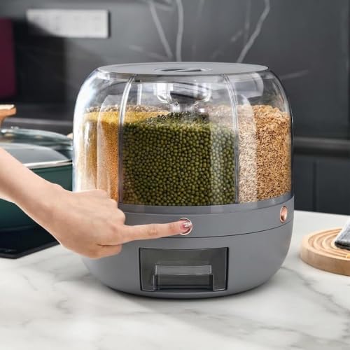 Image of 360 Rotating Grain Storage Container | 6 Grid Rice Dispenser with Easy One Press Dispensing for Rice Dal Pulses Beans Cereal Dry Food Kitchen Storage Box