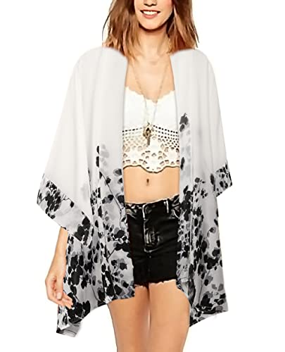 WEIYAN Women's Tops Loose Chiffon Kimono Cardigan Beach Swim Cover up Blouse(WBlack,XL)