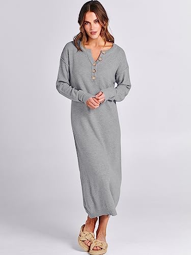 Image of ANRABESS Women Long Sleeve Button V Neck Oversized Casual Loose Fit Waffle Knit Fall Midi Sweater Dress 2026 Trendy Outfits