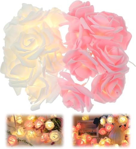 KASTWAVE Pink and White Rose LED String Lights, 3M 20 LED Battery Operated Fairy Lights, Waterproof Artificial Rose Garland, Indoor Outdoor Decoration for Garden, Wedding, Party, Ramadan, Eid