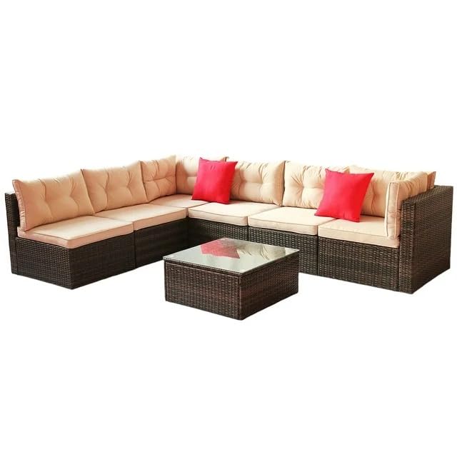Image of 6 Seater Outdoor Rattan Patio Sofa Sets for Garden Furniture Outdoor Sofa with Glass Top Center Table Multiuse Sofa Set (Beige)