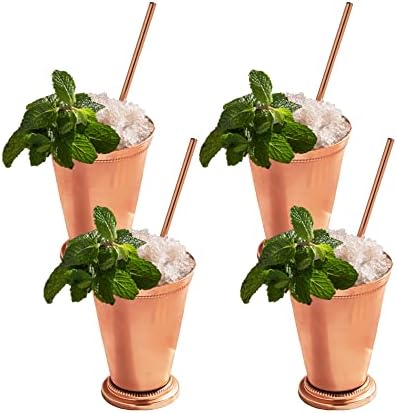 Sol Living Mint Julep Cups Gift Set of 4, 12 oz. Copper Cups with 4 Drinking Straws Kentucky Derby Cups Premium Stainless Steel Inner Handcrafted Barware Set for Cocktails Mixed Drinks