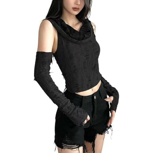 Best Rose Dune Costume Ripped Knit Funnel Neck Hooded Cropped Top with Long Sleeves for Streetwear and Casual Look (Black,Small)