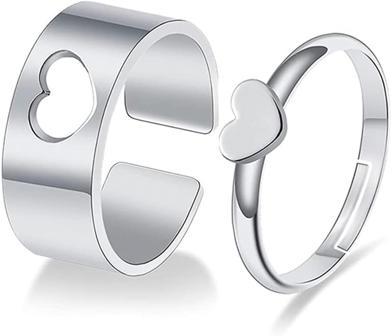 Saizen Adjustable Heart Shape Couple Ring Set For Women and Men (Silver)
