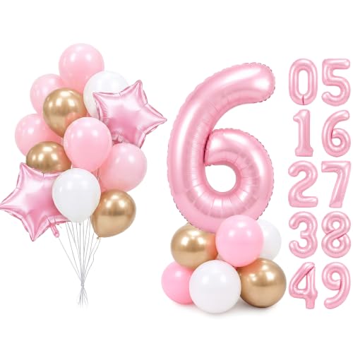 Image of PartyWoo Baby Pink Number 6 Balloon 40 Inch 25pcs Pink Foil Star White Gold