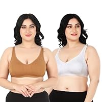 HiloRill Full Support Minimizer Cotton Bra for Women, Everyday T-Shirt Pushup Heavy Breast | Bust Plus Size Bra (D, Mustard-White, 44)