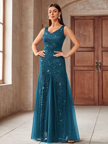 Image of Miusol Women's Elegant V Neck Sleeveless Sequin Lace Evening Party Dress
