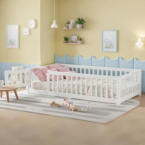 Bellemave Montessori Twin Floor Bed with Fence & Door, White