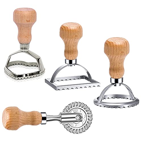 4 Piezas Cortadores de Raviolis, Moldes y Rodillo para Cortar Raviolis, Moldeador de Ravioles con Mango Madera, para Hacer Raviolis, Empanadillas o Galletas