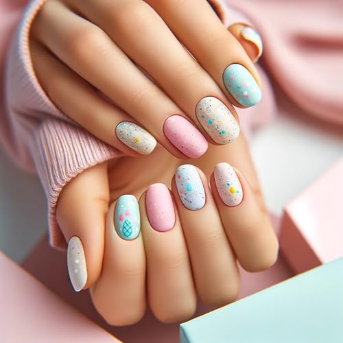 Easter Press on Nails Short,Matte Square Fake Nails with Colorful...