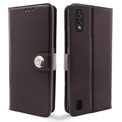 Image of Pikkme Samsung Galaxy M01 Flip Cover Leather Finish | Inside TPU with Card Pockets | Wallet Stand and Shock Proof | Complete Protection Flip Case (Button Coffee)
