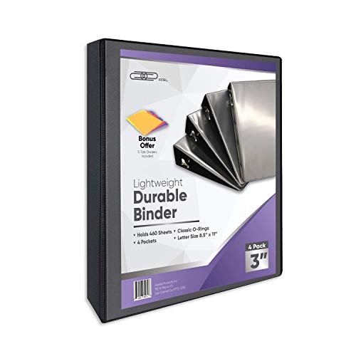 Xcel 3 Ring Binder, 3 Inch Binder, Black 4-Pack, Includes Binder Dividers