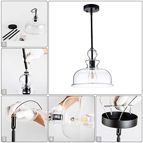 NA Dome Glass Pendant Light Vintage Farmhouse Pendant Lighting with Clear Glass Shade Industrial Large Thickness Adjustable Ceiling Light Fixture for Kitchen Island Sink Bar Coffee Restaurant, Black - Image 6