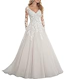 Nanger Damen Spitze V-Ausschnitt Hochzeitskleider Lange Ärmel mit AppliquesA Linie Brautkleider Elfenbein 46
