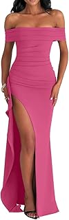 Women's Elegant Bodycon Off Shoulder Sleeveless High Split Ruched Long Formal Evening Dress - Buy now