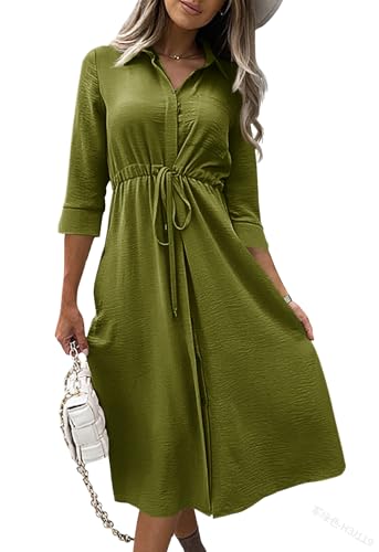 Image of Febriajuce Women's 3 /4 Sleeve Midi Dress Casual Drawstring Belted Round Neck Plain Tie Waist Loose High Waist Long Dress