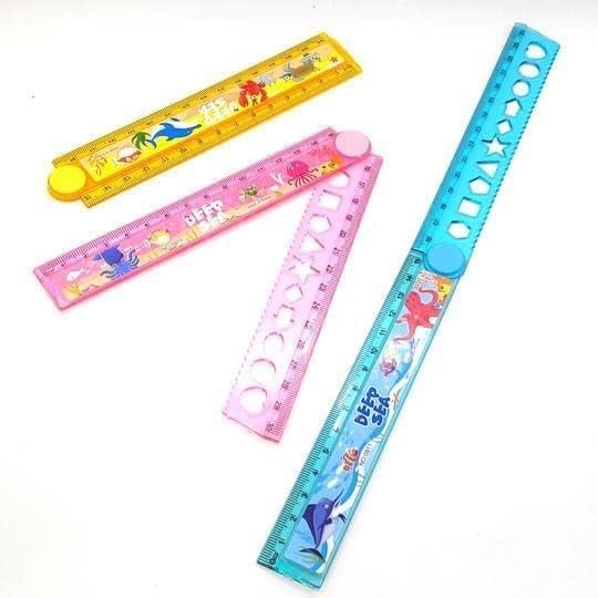 AK-Store (2-Pack) Cartoon Print Multi-Function Plastic Ruler Scale, Birthday Return Gift Item for Kids, Boys Girls (2, 30cm Folding with Geometry Stencils)